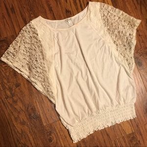 Lace Flowy Draped Sleeves Elastic Hem White Top